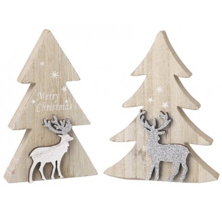Wooden Freestanding Trees With Deer Ornament, 15cm