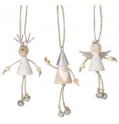 A mix of festive themed silver and white hanging characters in Christmas Forms 