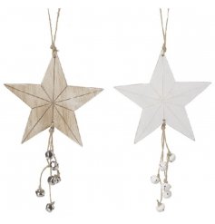 An assortment of wooden hanging stars, each set with a coloured finish and hanging bells for a festive feature