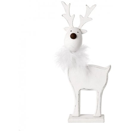 White Wood Reindeer Decoration, 23cm 