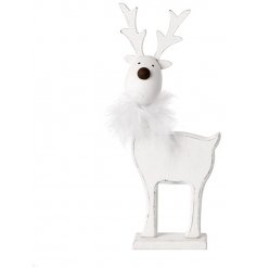 A sweet and simple white toned standing reindeer decorated with a fuzzy finish 