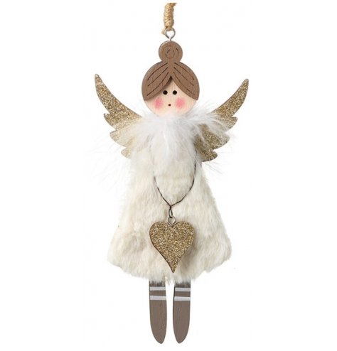 Complete with a string hanger, this wooden angel decoration also has glittery features and fluffy touches 