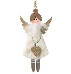 A fun and festive hanging wooden angel decoration with glittery accents and fluffy finishes 