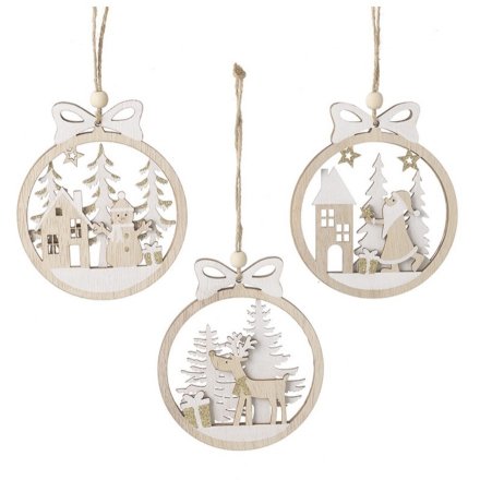 Hanging Winter Round Wooden Cut Out Bauble