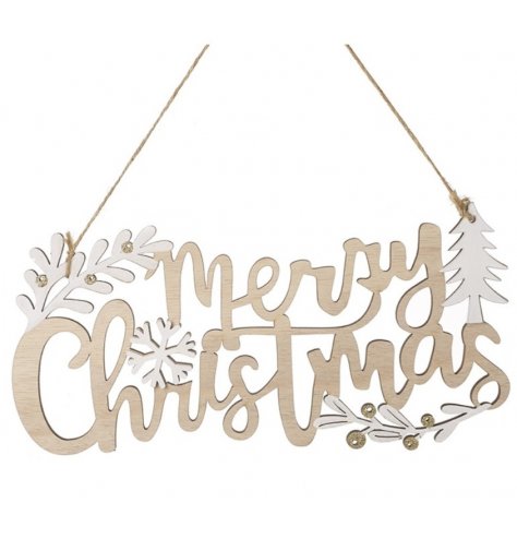 Wooden Merry Christmas Sign Made from wood with white detailing, and hanging string.