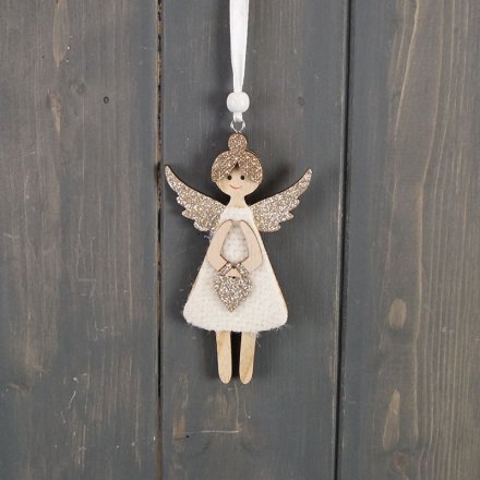 Wooden Glitter Angel With Heart Hanger, 21cm 
