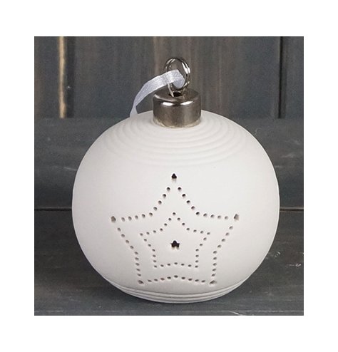 A small ceramic bauble with a sleek dotted star decal and warm white led glow to complete its look 