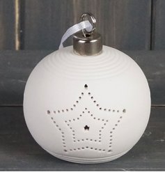 A charming and simple ceramic based bauble with a pin dotted star and warm glowing LED centre 