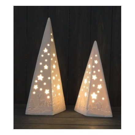 A decorative white toned pyramid with a woodland scene embossment, star cut decal and warm glow from within
