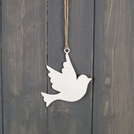 A simple inspired hanging dove decoration with a jute string and white tone finish 