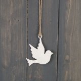 A simple inspired hanging dove decoration with a jute string and white tone finish 