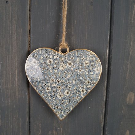 Blue Floral Heart Hanger, 8cm 