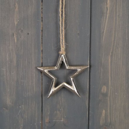 A rough luxe inspired star hanging decoration with a textured silver aluminium finish.