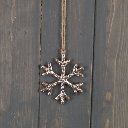A chic and simple metal hanging snowflake with a rough touch finish and sleek look 