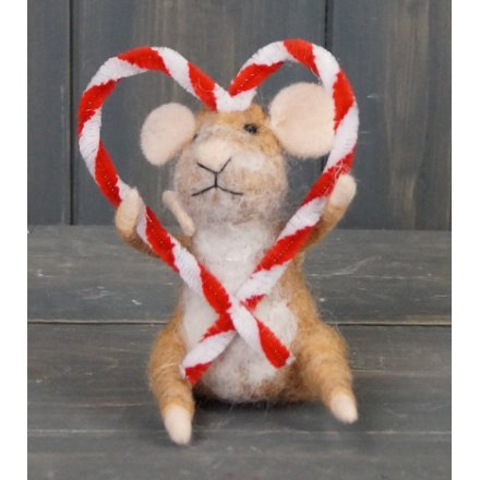 A simple little woollen mouse with a candy cane heart made from pipe cleaners  