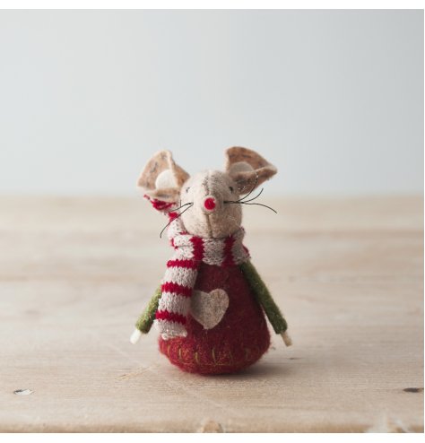 A adorable little fabric mouse complete with festive accents and a knitted scarf for extra warmth! 