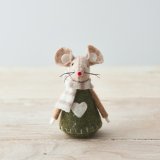  A sweet little fabric mouse decoration with a beige tone and little green felt jumper with heart touch 