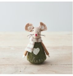  A sweet little fabric mouse decoration with a beige tone and little green felt jumper with heart touch 