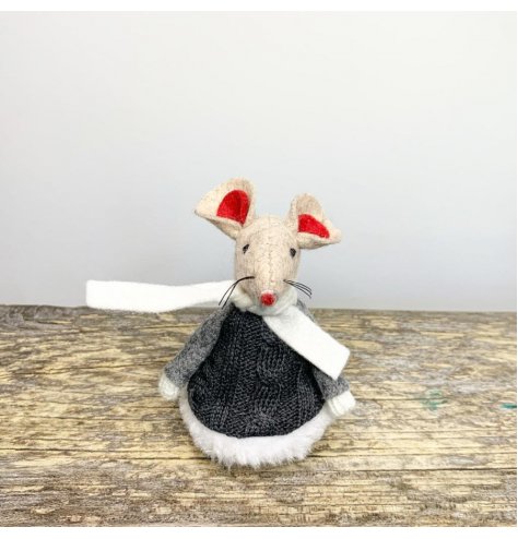 A adorable little fabric mouse complete with red festive accents and a knitted grey jumper with fur trims