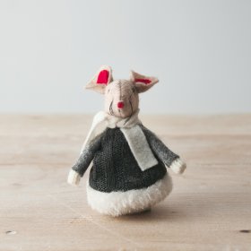   A sweet little fabric mouse decoration with a beige tone and little grey knitted jumper 