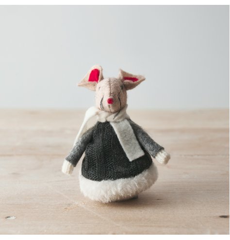 A adorable little fabric mouse complete with red festive accents and a knitted grey jumper with fur trims