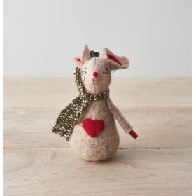 A sweet little fabric mouse hanging decoration with a beige tone and little red accents 