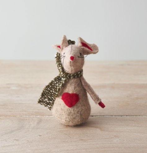 A adorable little fabric mouse complete with red festive accents and a string for hanging 