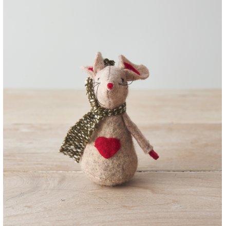 A sweet little fabric mouse hanging decoration with a beige tone and little red accents 