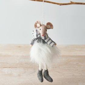  A delightful little hanging fabric mouse set with a knitted scarf and a cute fluffy tutu
