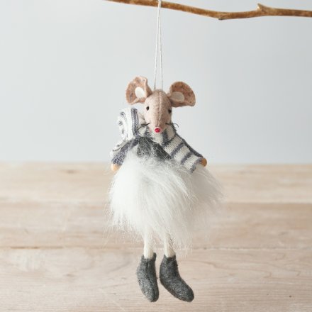 Hanging Grey Fabric Mouse In Tutu, 18cm 