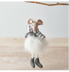  A festive little hanging fabric mouse decoration dressed up in their favourite knitted scarf and fluffiest tutu 