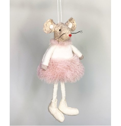 A adorable hanging fabric mouse with beige tones and a fluffy pink dress to complete her look 