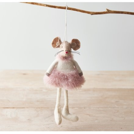   A delightful little hanging fabric mouse set with a pink fluffy dress and booties 