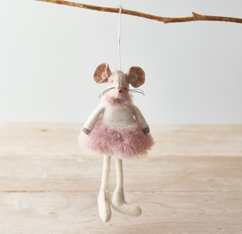   A delightful little hanging fabric mouse set with a pink fluffy dress and booties 