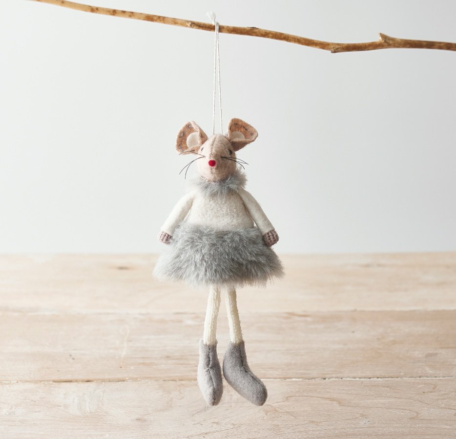  A delightful little hanging fabric mouse set with a grey fluffy dress and booties 