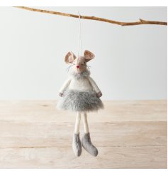  A delightful little hanging fabric mouse set with a grey fluffy dress and booties 