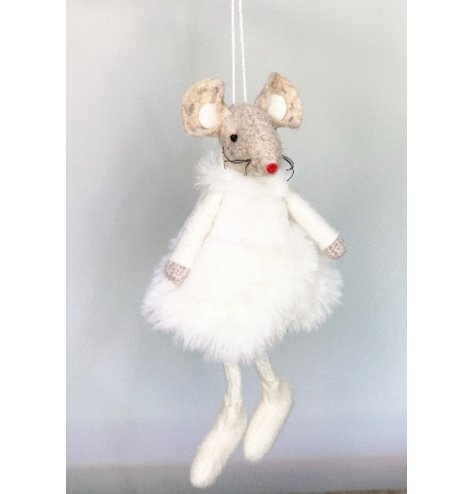 A adorable hanging fabric mouse with beige tones and a fluffy white dress to complete her look 