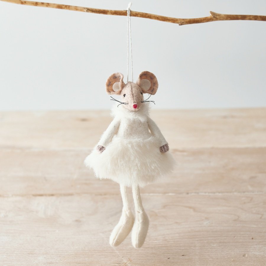  A delightful little hanging fabric mouse set with a white fluffy dress and booties 