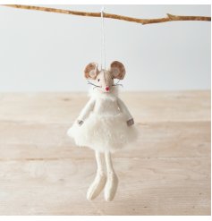  A delightful little hanging fabric mouse set with a white fluffy dress and booties 