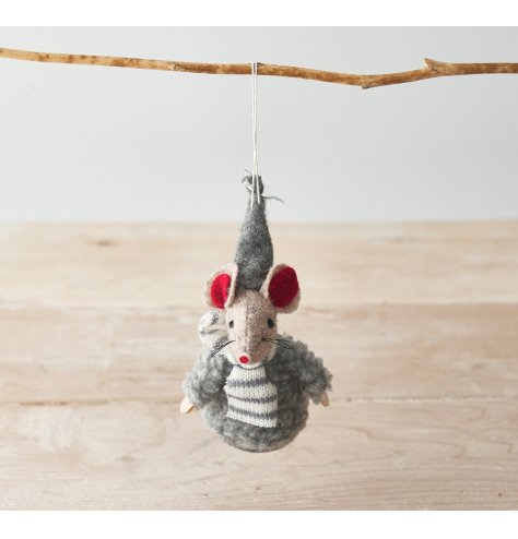 A adorable hanging fabric mouse with beige tones and a grey hat and jumper to complete his look 