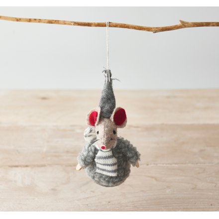 Hanging Grey Fabric Mouse In Jumper, 13cm 