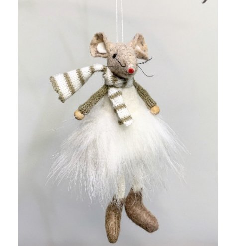 A adorable sitting fabric mouse with beige tones and a fluffy tutu to complete her look 