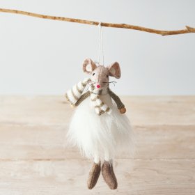  A delightful little hanging fabric mouse set with a knitted scarf and a cute fluffy tutu