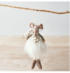  A festive little hanging fabric mouse decoration dressed up in their favourite knitted scarf and fluffiest tutu 