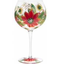  This large gin glass displays a stunning hand painted Red Poinsettia inspired decal