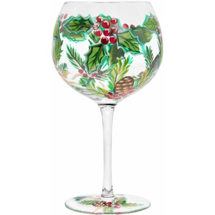 Hand Painted Pinecone and Holly Gin Glass