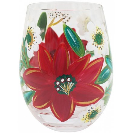 Hand Painted Stemless Glass - Red Poinsettia 