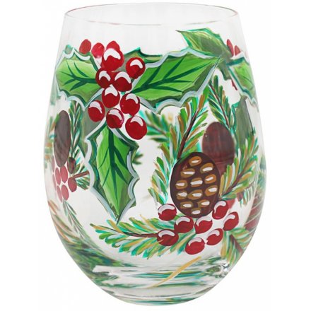 Hand Painted Stemless Glass - Pinecone and Holly