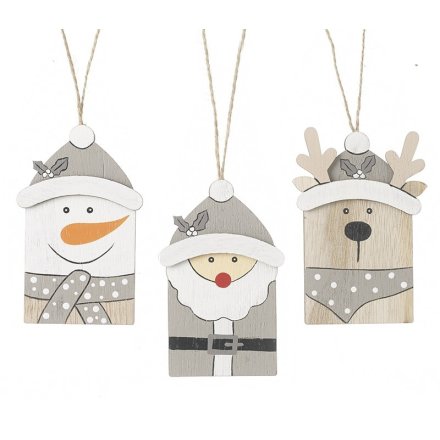 a mix of hanging character decorations in neutral colour tones 