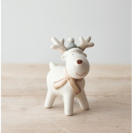 A sweet and simple posed ceramic reindeer set with grey and beige tones and a festive red nose! 